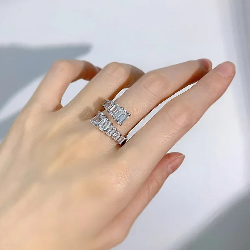 PANSYSEN 925 Sterling Silver Emerald Cut High Carbon Diamond Gemstone Wedding Engagement Adjustable Ring Fine Jewelry Wholesale