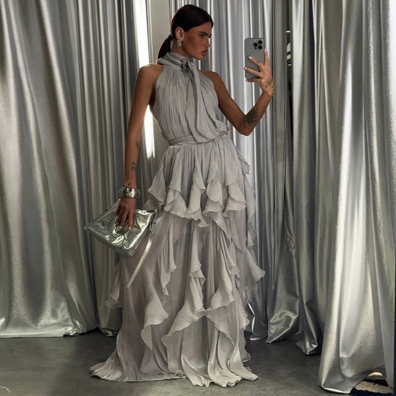 Cascading Ruffle Pleated Maxi Dress with Lace Up for Women
