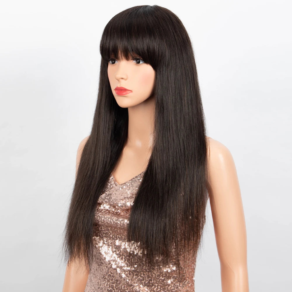 Long Straight Remy Human Hair Wig With Bangs for Women
