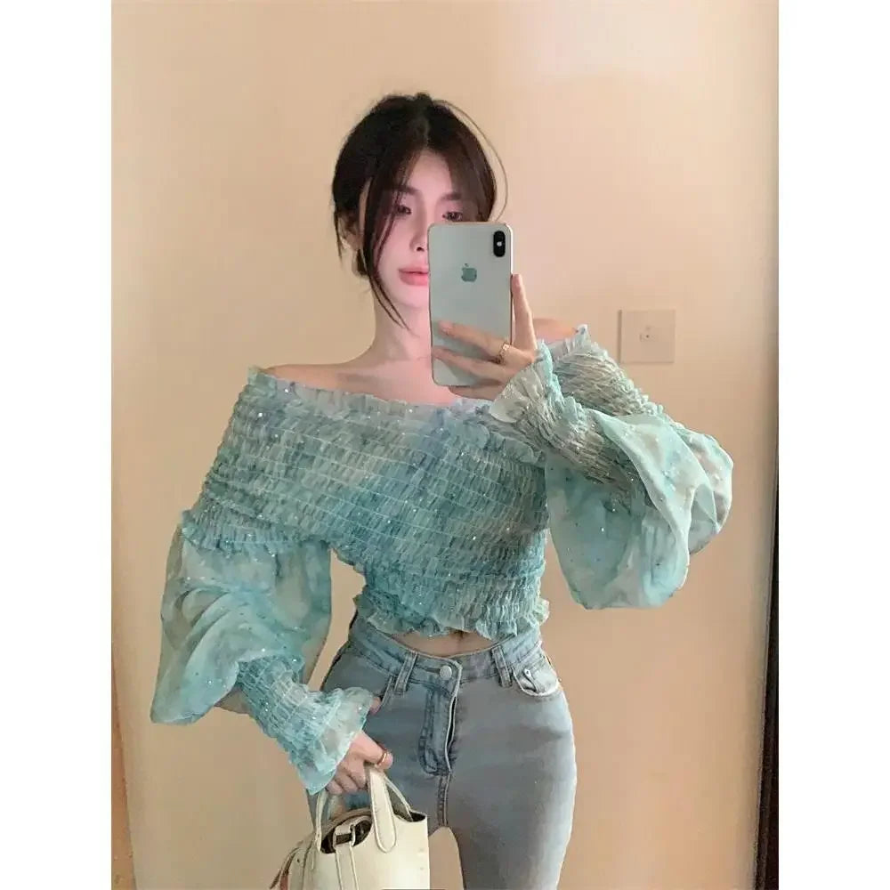 French Shoulder Chiffon Shirt for Women's Summer Design, Niche Shirt, Slim Fit Pleated Short Sleeved Top