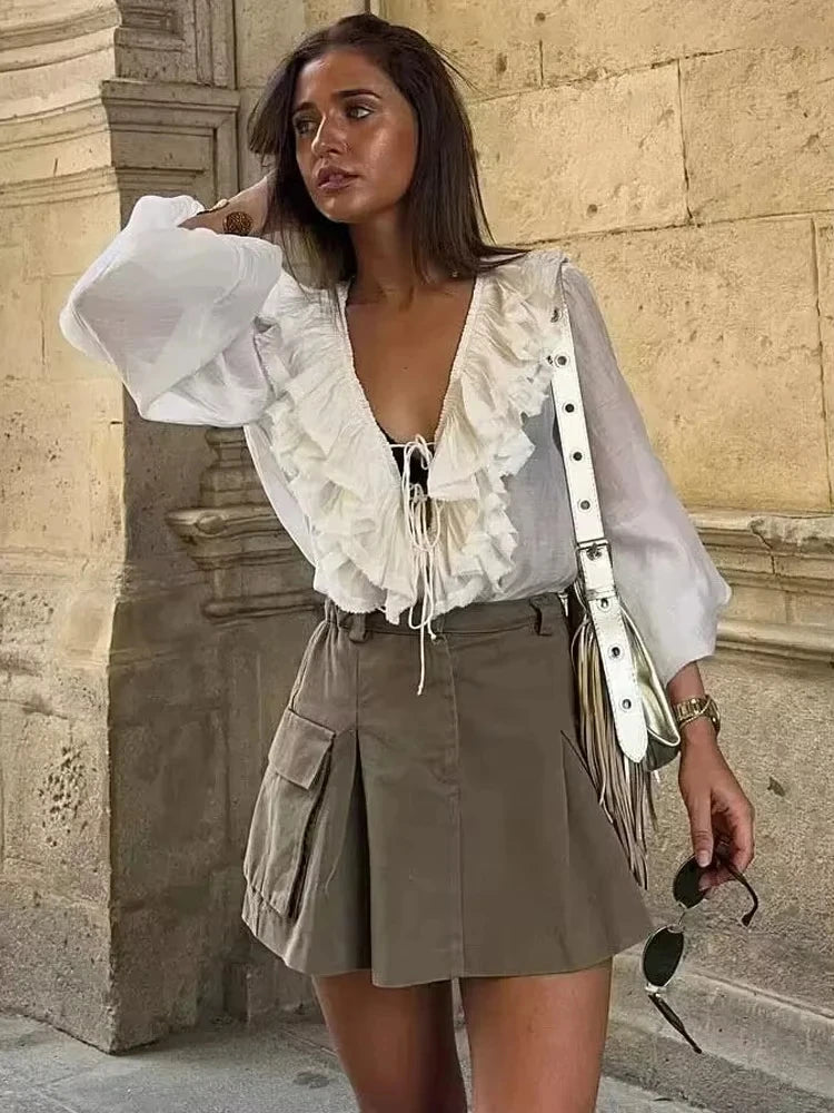 Elegant Retro V Neck Ruffle Trim Long Sleeve Top for Women
