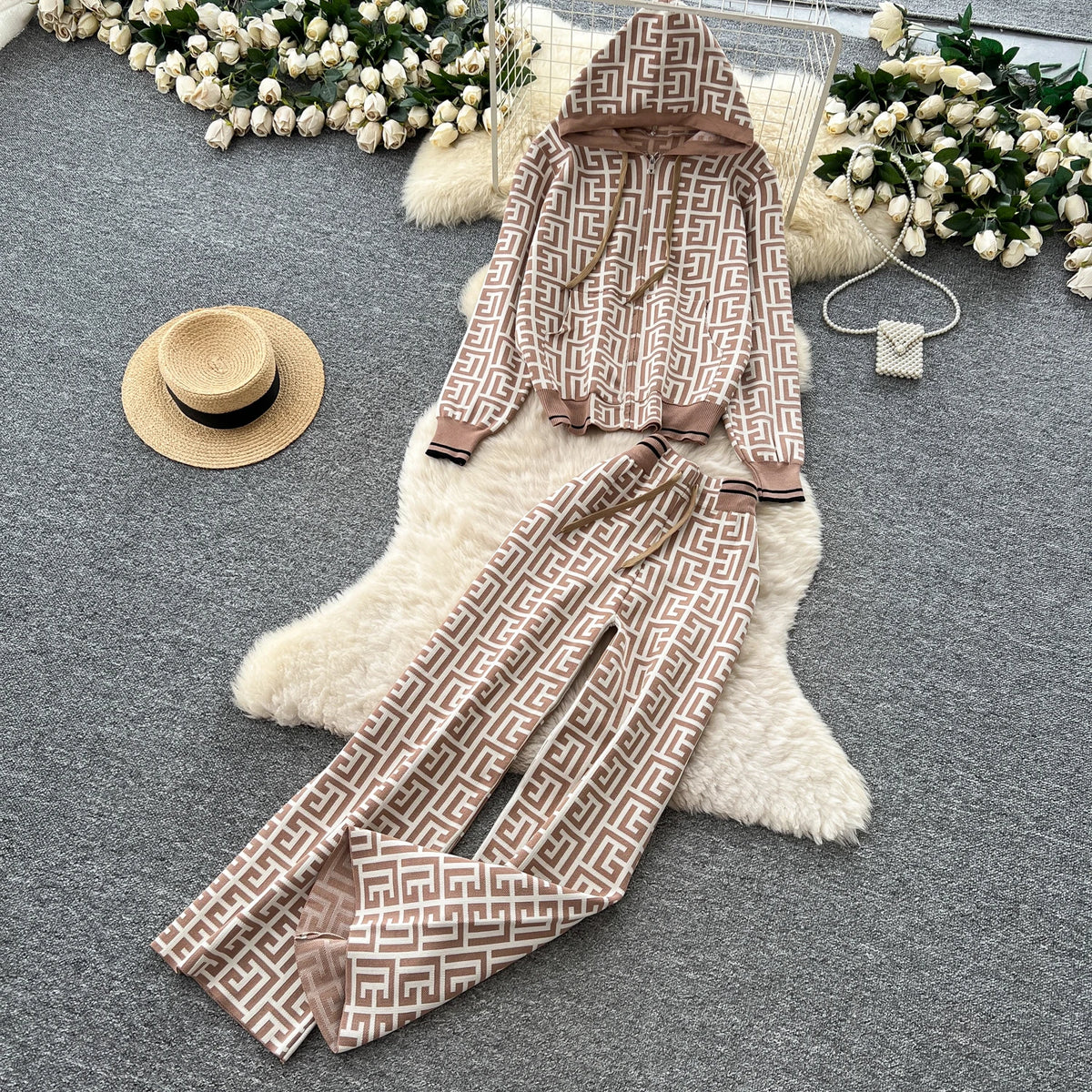Geometric Print Hooded Knit Two Piece Set for Women