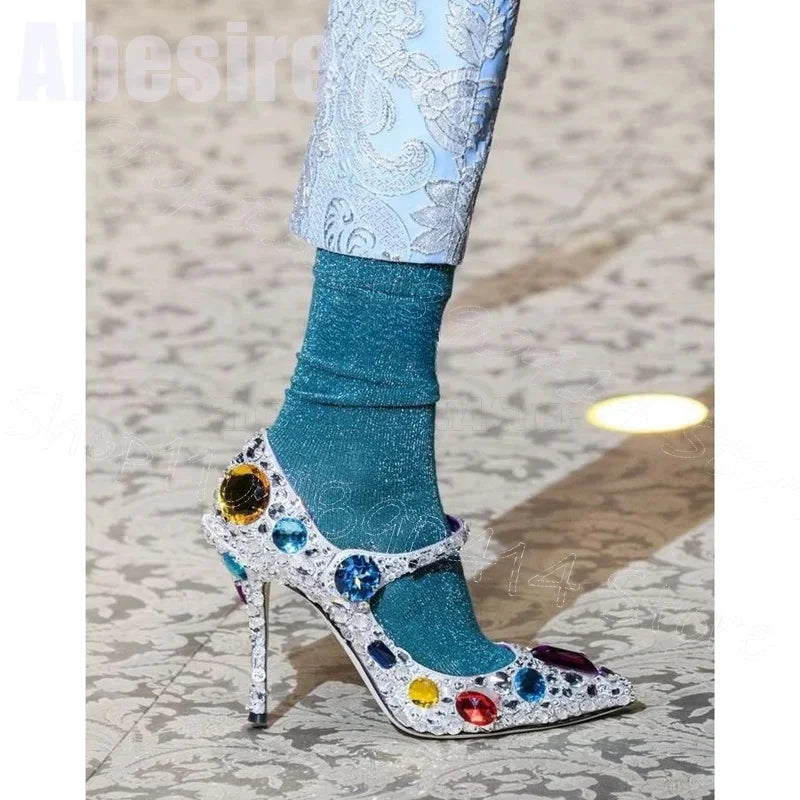 Colorful Crystal Pointy Toe Hook And Loop Fastener High Heel Pumps for Women