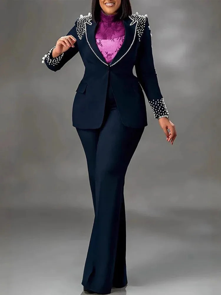 Elegant Slim Fit Pearl Blazer And Pants Set for Women