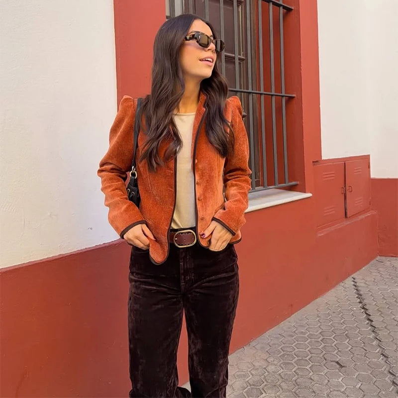 Slim Stand Collar Single-Breasted Short Jacket for Women
