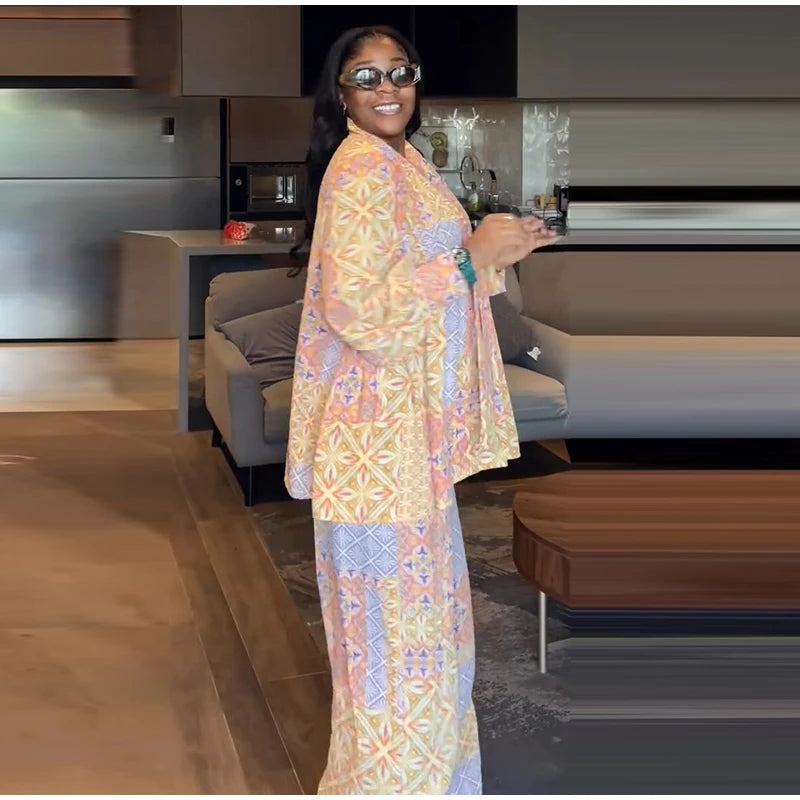 Casual Print Long Sleeve V-Neck Top Wide-Leg Trousers Two-Piece Set for Women