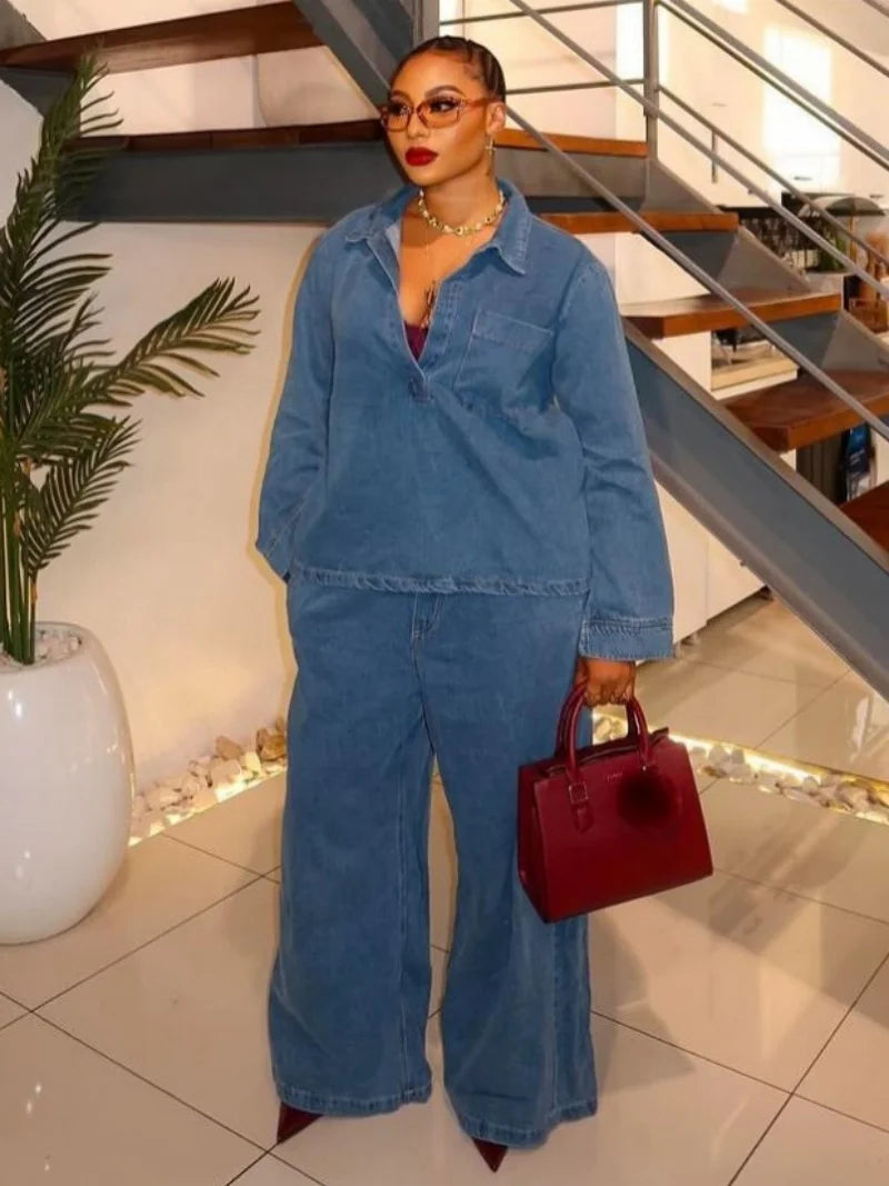 Vintage Long Sleeve Denim Shirt And Jeans Set for Women