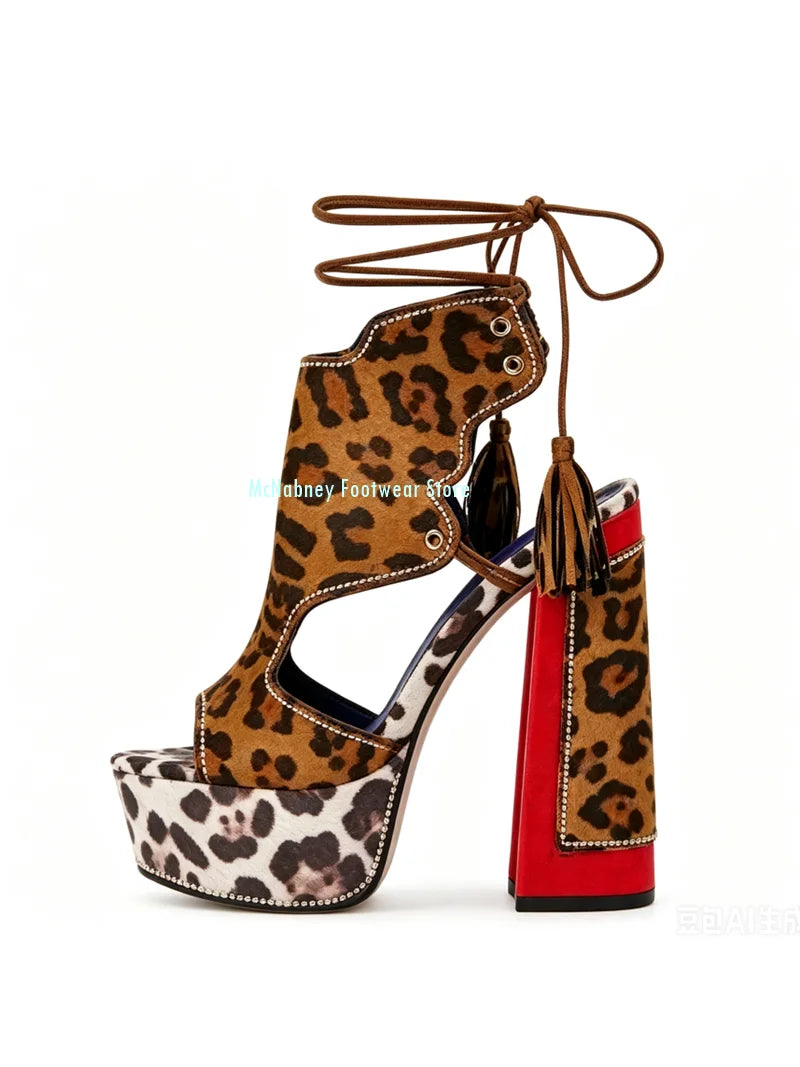 Color Blocking Leopard Print Waterproof Platform Heels for Women