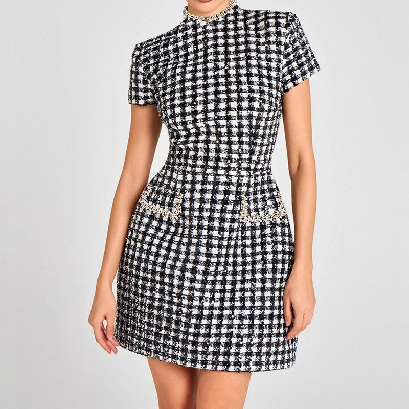 Summer Autumn Patchwork Slim Fit Party Dress, Women 2025 Vintage Backless O Neck Mini Dress, Sexy Sleeveless Pocket Ladies Dress