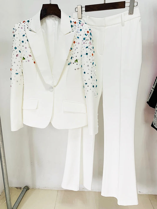 HIGH STREET Newest 2025 F/W Fashion Designer Runway Suit Set Women's Slim Fitting Colors Strass Diamonds Beaded Blazer Pants Set