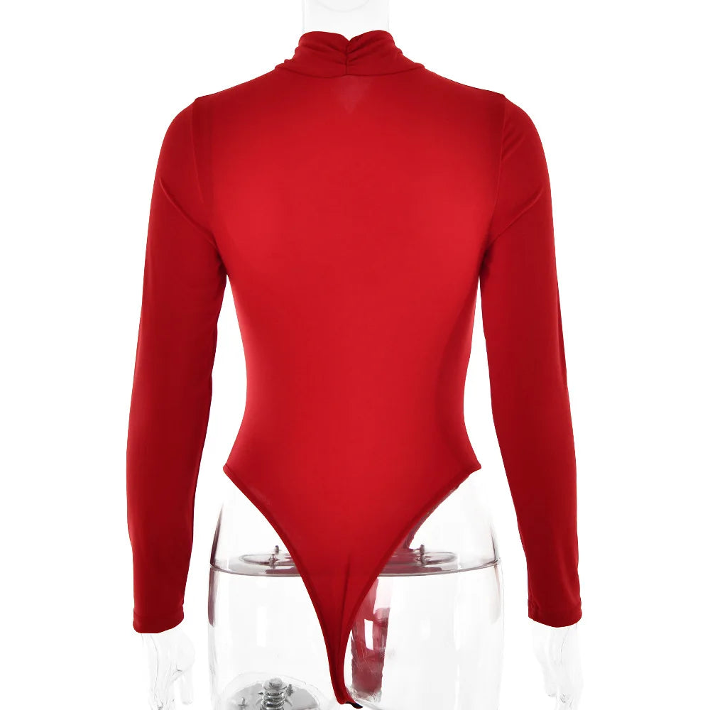 Cryptographic Casual Fashion Basic Long Sleeve Sexy Bodysuit Outfits for Women Elegant Wrap Neck Tops One Piece Skinny Clothes