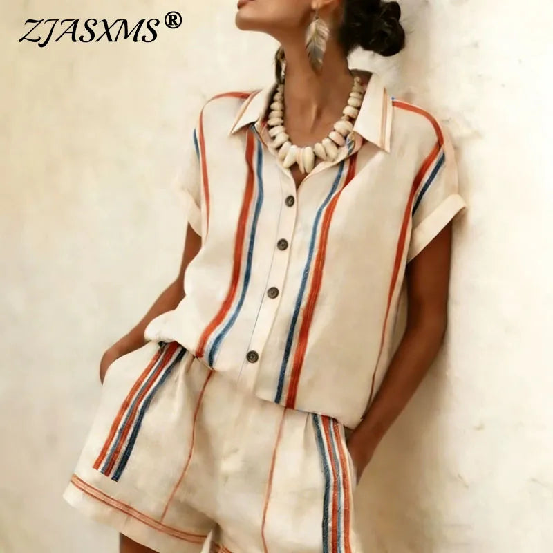 High Waist Striped Button Up Two Piece Shorts Set for Women