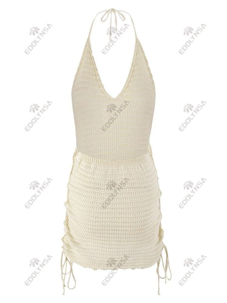 Solid Knit Halter V-neck Side Cross Straps Slim Beach Mini Dress 2025 Women Crochet Beach Swimsuit Cover Up Vacation Outfit K104
