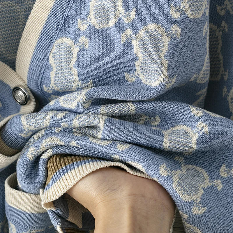V-Neck Printed Knit Sweater and Pants Set for Women