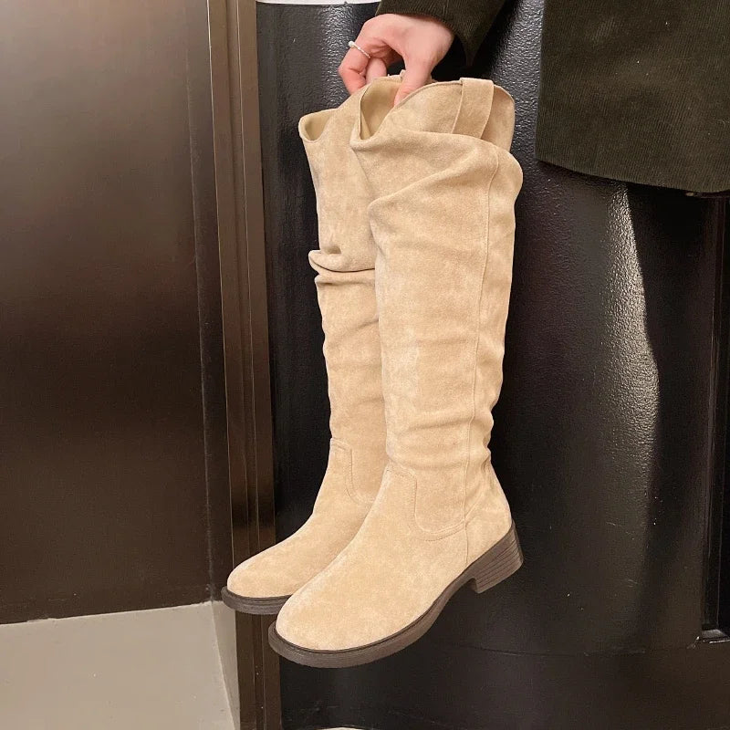 Elegant Low Heel Side Suede Knee High Boots for Women