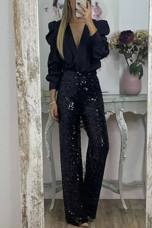 Spring Solid Color Commute Satin Shirt Pullover Fashion V-Neck Puff Long Sleeve Blouses Female Temperament Pleated Ruffled Tops