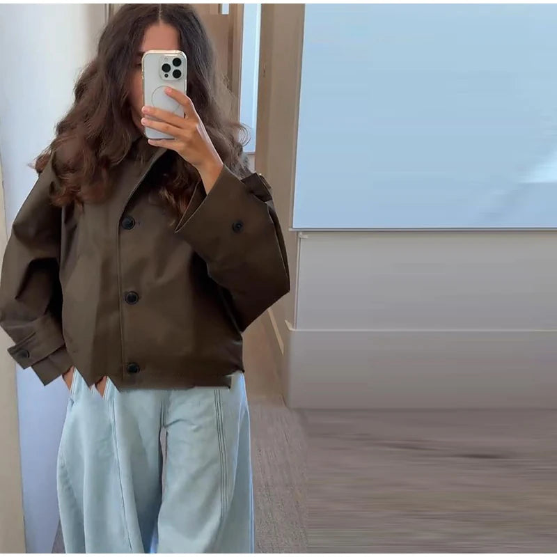 Vintage Single Breasted Women 's Treach Coats Loose Hooded Pockets Full Sleeve Short Jacket Female 2025 Autumn New Lady Outwears