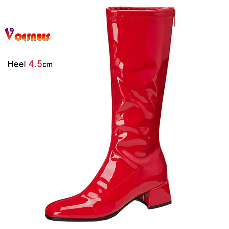 Red Patent Leather Square Toe Knee-High Boots for Women