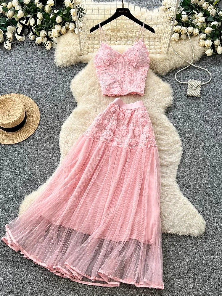 3D Floral Lace Camisole and Pleated Skirt Set for Women