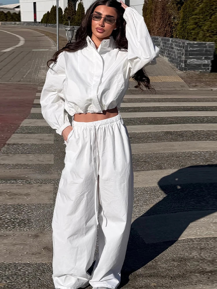 Solid Loose Suit Set with Stand Collar Crop Top and Drawstring Pants for Women