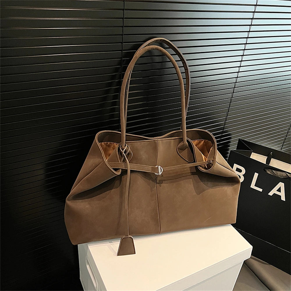 Luxurious Faux Suede Pure Color Retro Shoulder Tote Bag for Women