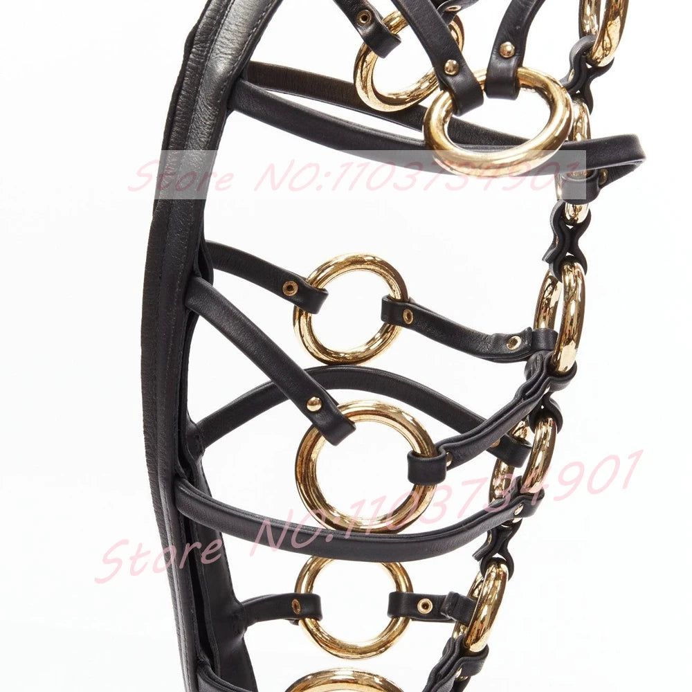 Black Leather Open Toe Metal Ring Strap Gladiator Sandals For Women
