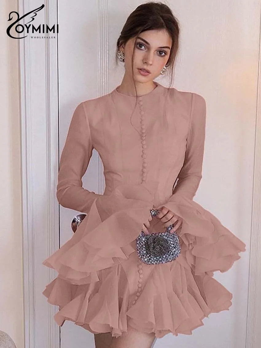 Oymimi Casual Pink O-Neck Women's Dress Fashion Petal Sleeve Single Breasted Solid Dresses Elegant High Waist Pleated Mini Dress