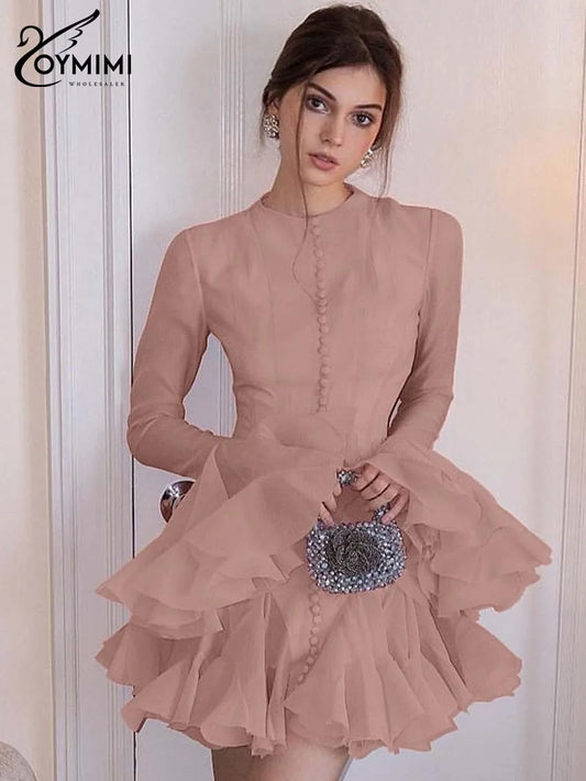 Oymimi Casual Pink O-Neck Women's Dress Fashion Petal Sleeve Single Breasted Solid Dresses Elegant High Waist Pleated Mini Dress