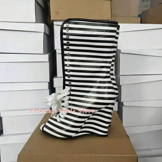 Patchwork Cross Strap Peep Toe Boots