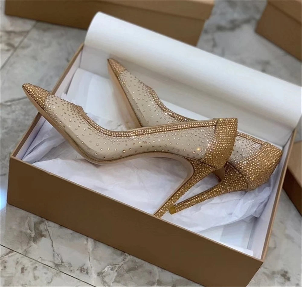 Rhinestone Mesh Pointed Toe Thin High Heels for Women