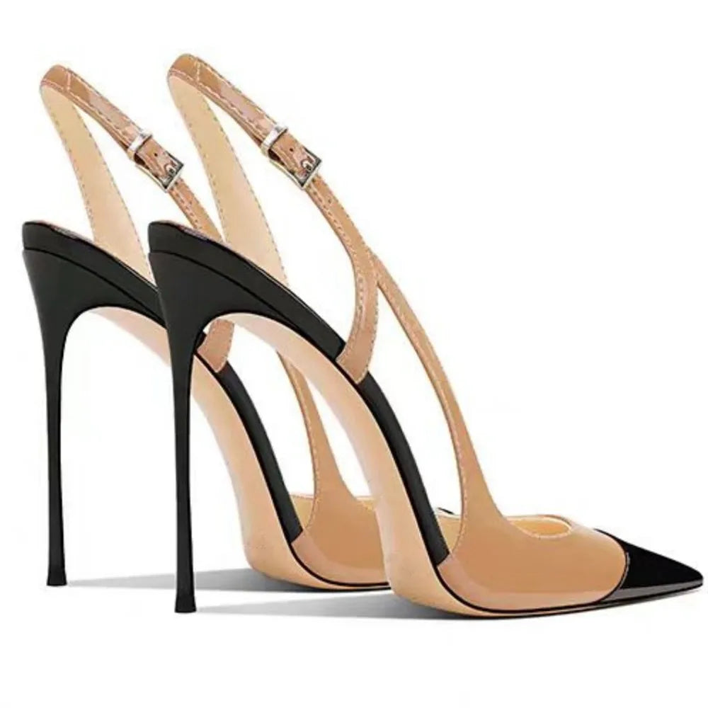 Patent Leather Pointed Toe Pumps With Rhinestone Ankle Strap for Women