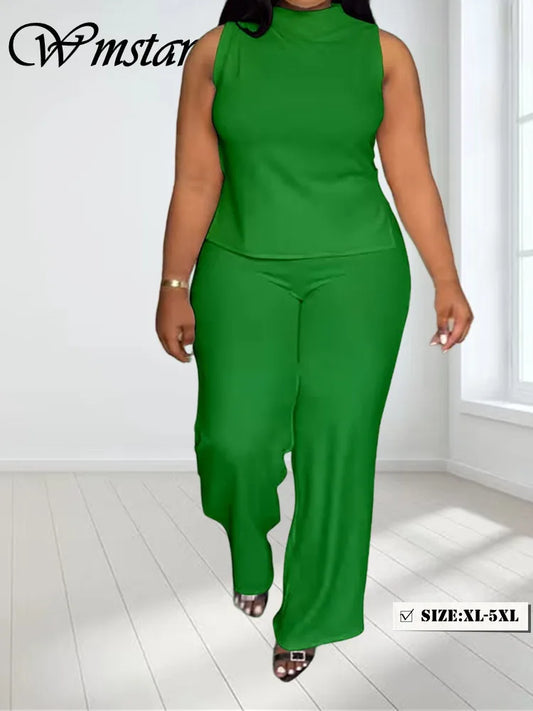 Wmstar Women Two Piece Set Plus Size 3XL 4XL Summer Casual Fashionable Print Sleeveless Shirt Suit Wide Leg Pants Female Outfits