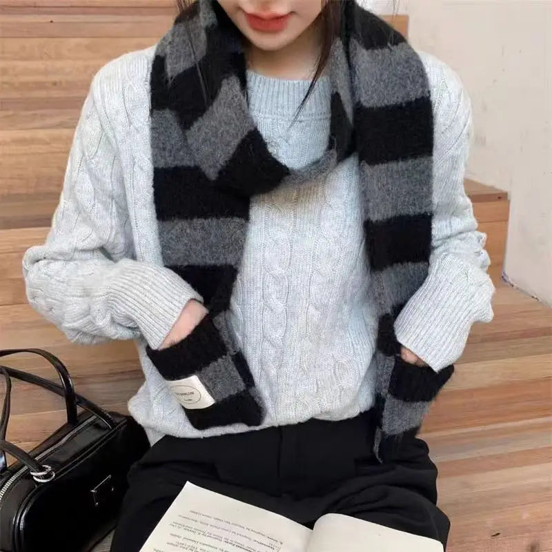 Striped Knit Scarf Wrap With Pockets