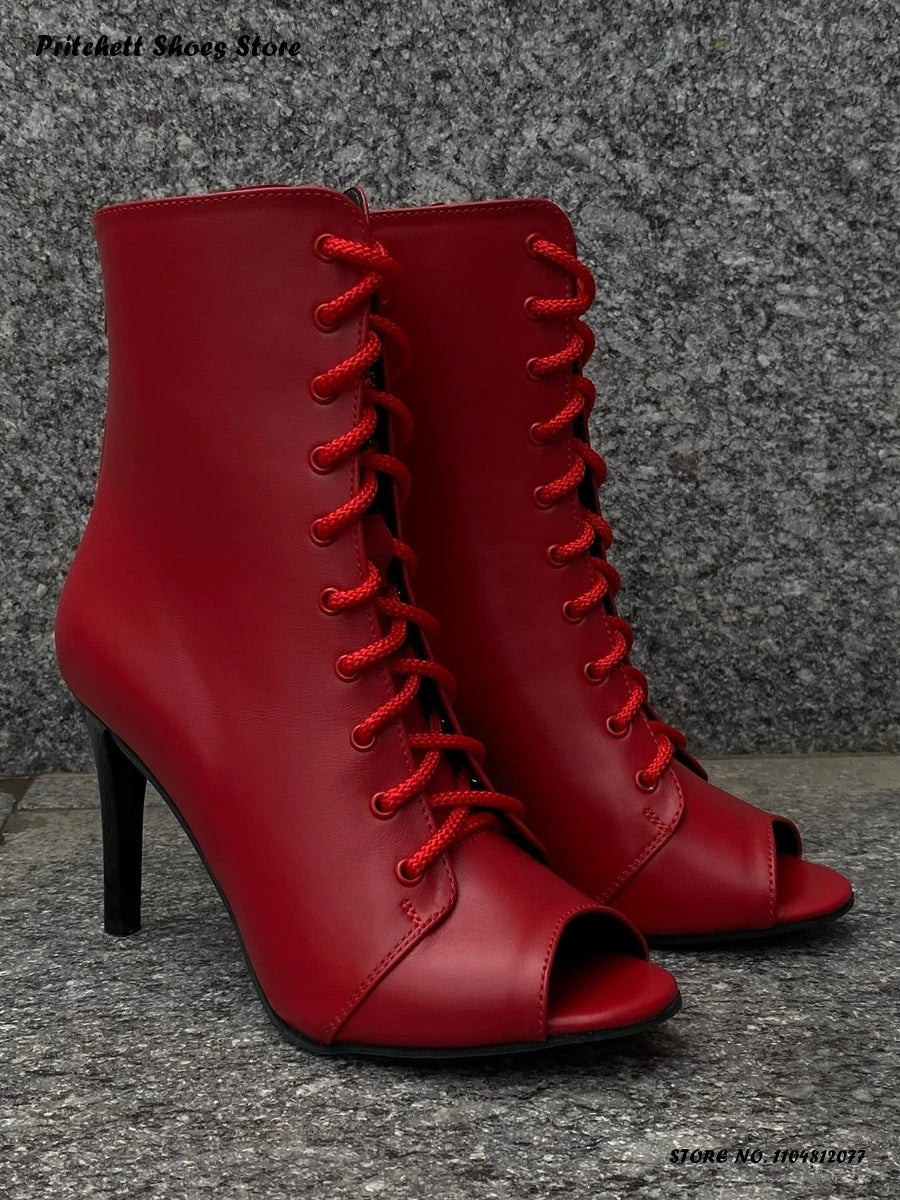 White Lace Up Heeled Open Toe Ankle Boots for Women