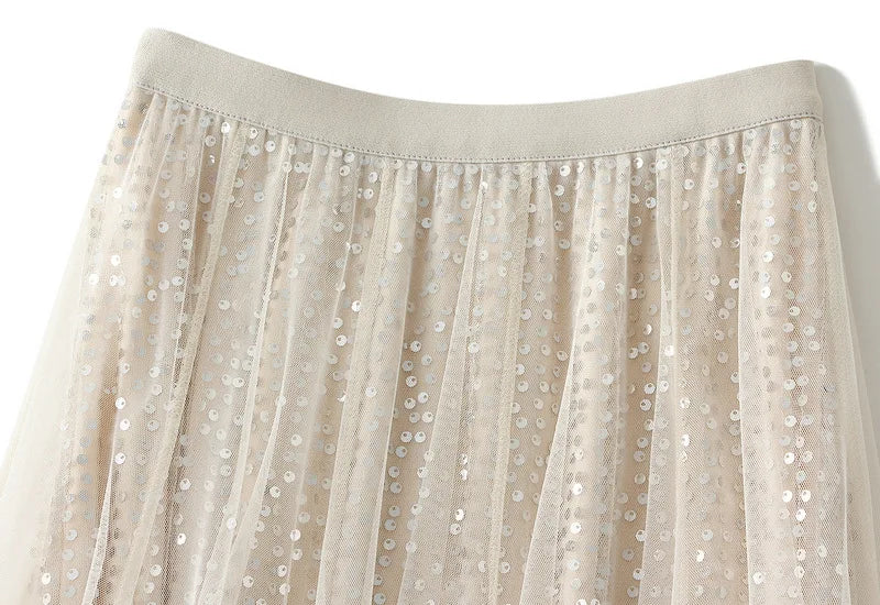 Sparkling Mesh A-Line Pleated Knee-Length Skirt for Women