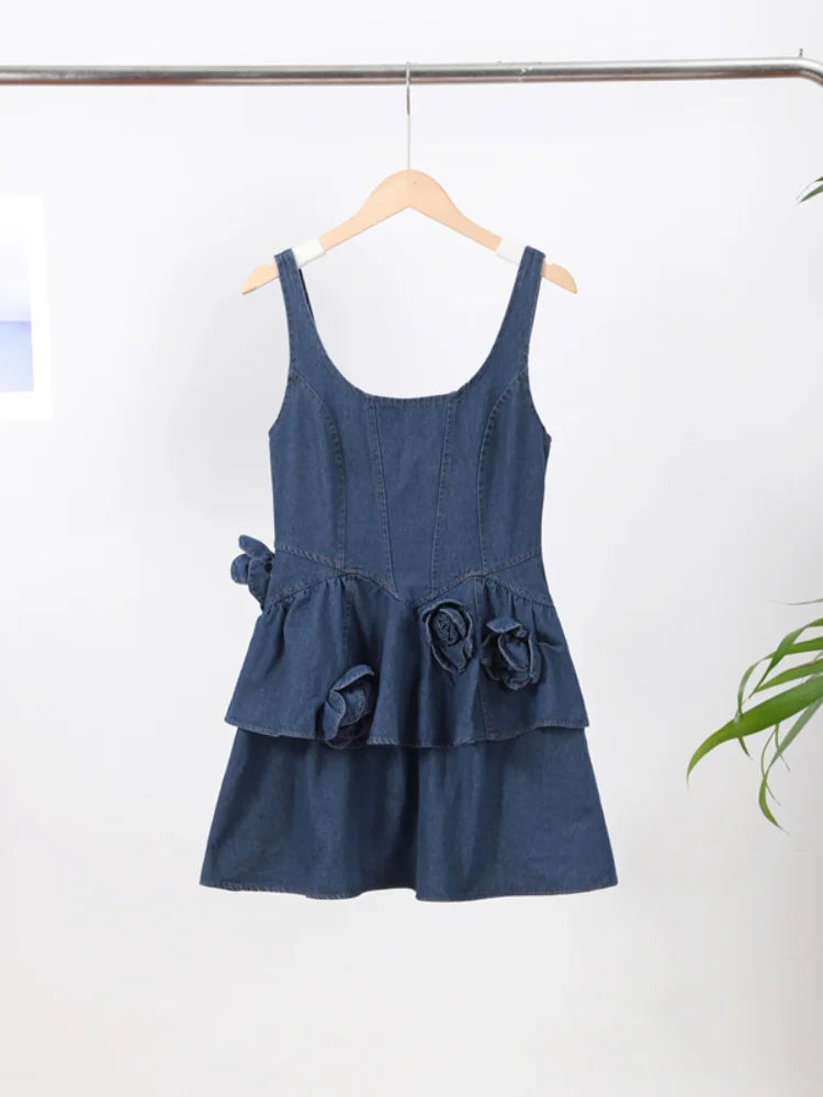 Chic Summer 3d Floral Denim Mini Dress Vintage A Line Halter High Street Sling Dress Vesidos Fashion New Lady Clothing Dress