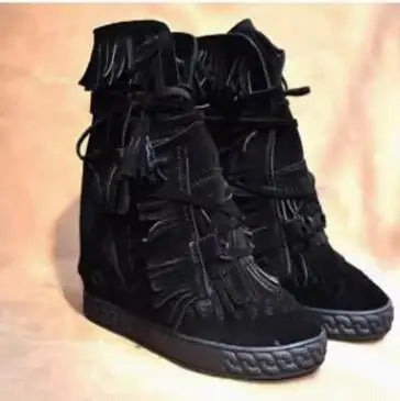Girls Beige Black Gray Pink Suede Genuine Leather Round Toe Tassel Fringed 8 CM Height Increasing Wedges Sneakers Ankle Boots