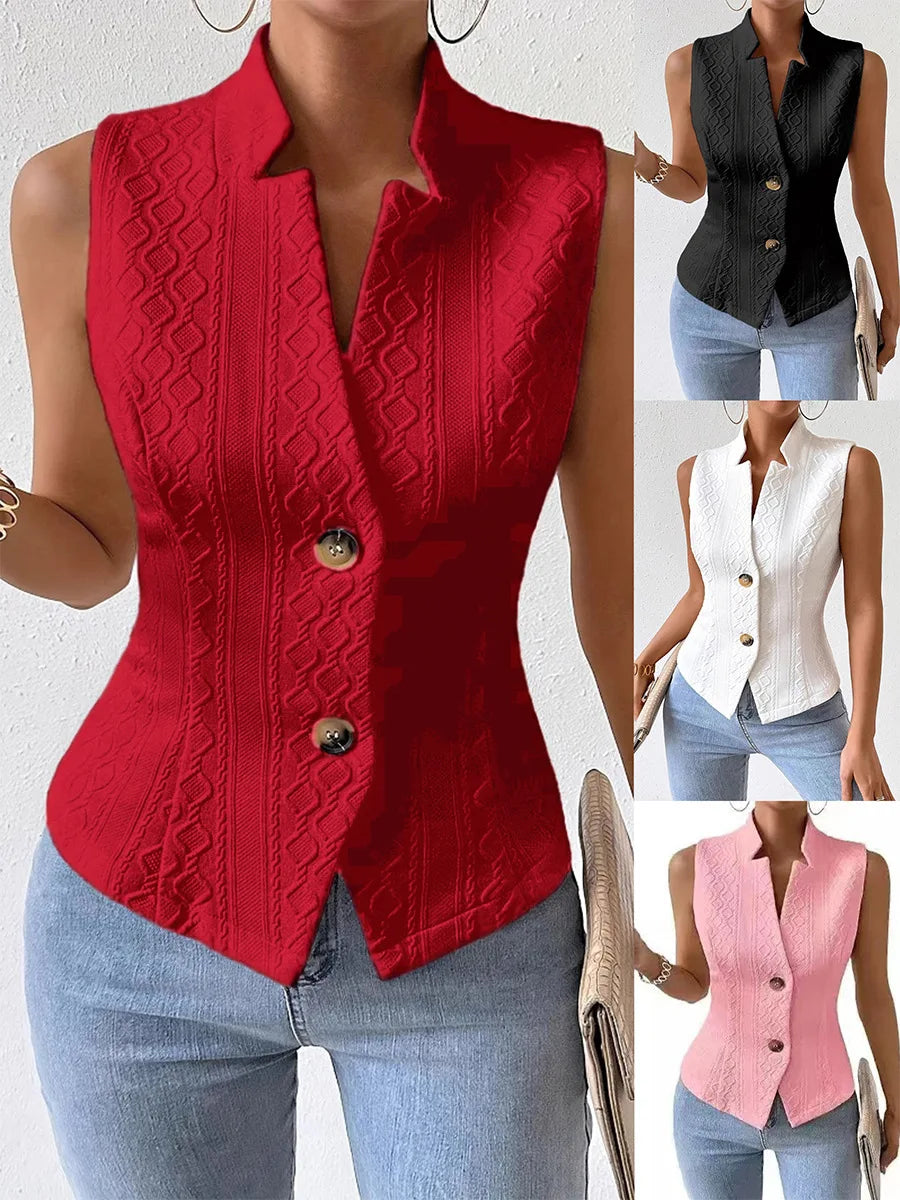 Solid Color Slim Fit Sleeveless Vest With Stand Up Collar for Women