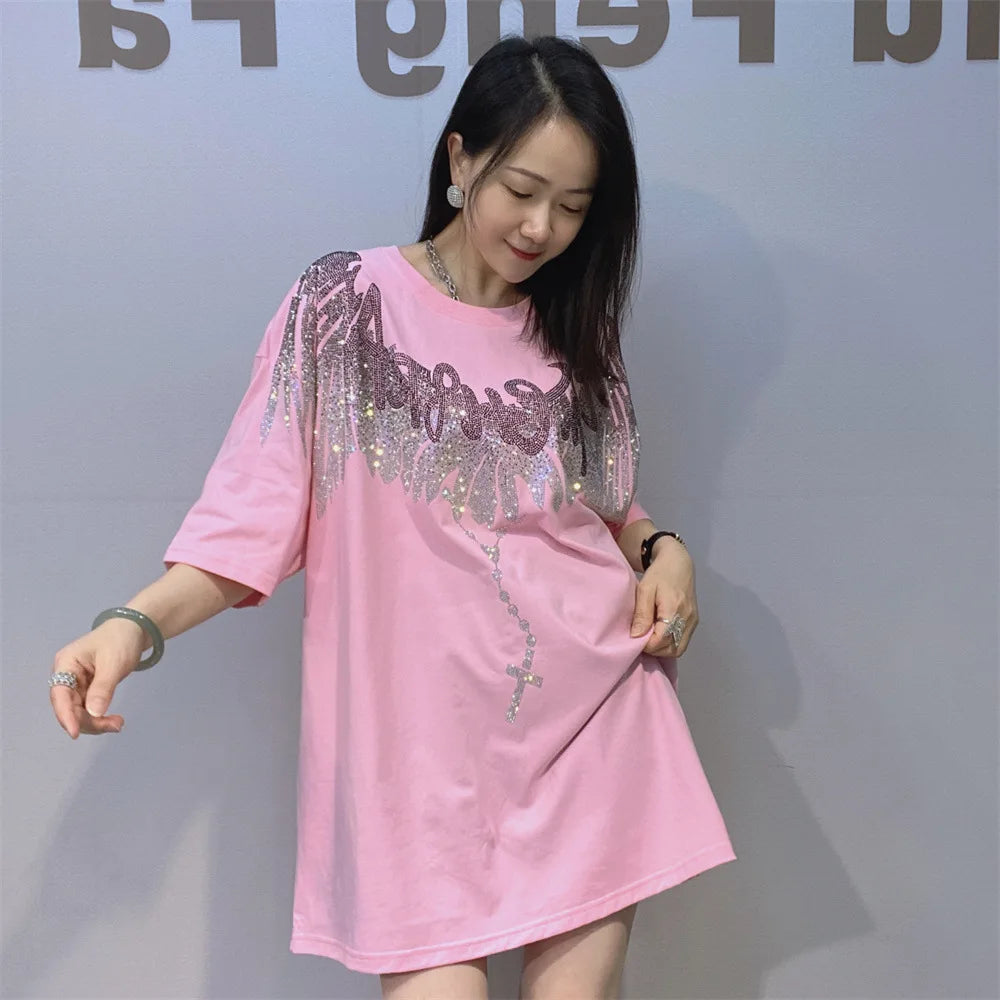 Streetwear New Spring Summer Women Short Sleeve T-shirt Hot Diamonds Wings Mid-long Oversize Pullover Trendy Couple Cotton Tees