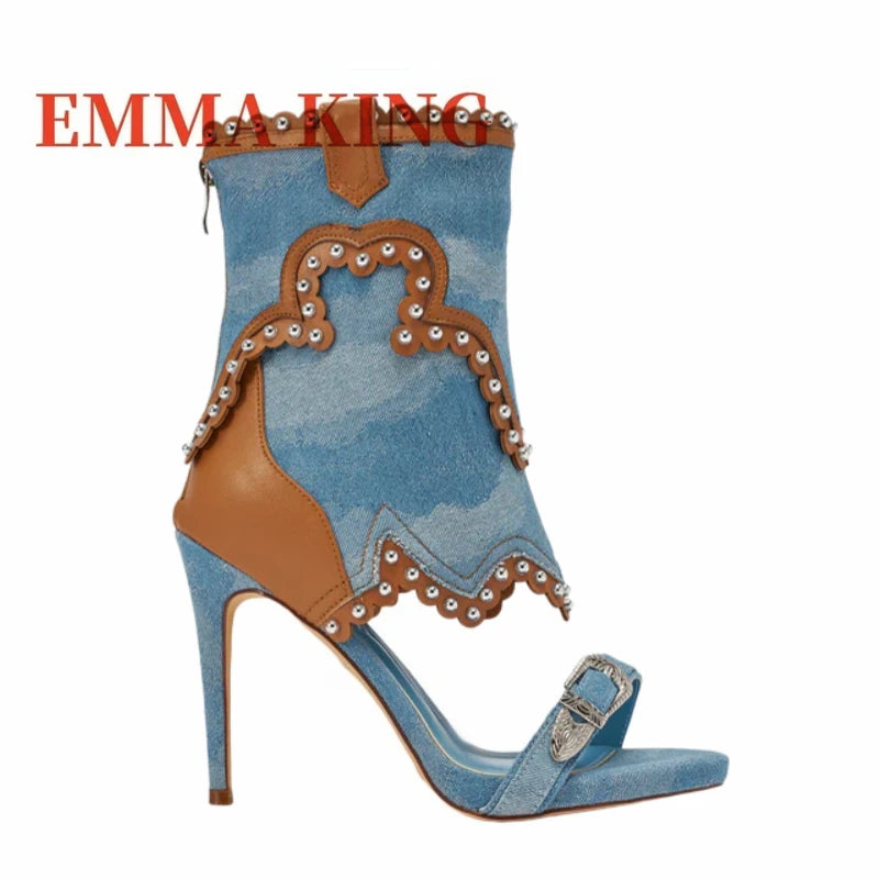 Cow Print Cowboy Style High Heel Sandals for Women