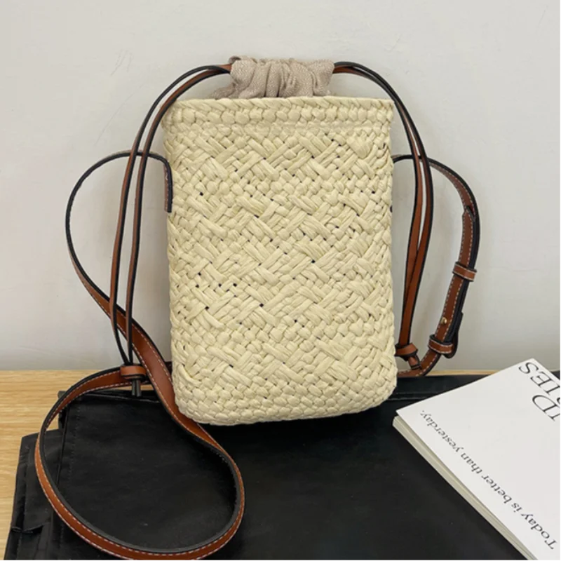 Brand Gradient Raffia Crossbody Bag Straw Drawstring Bohemian Summer Beach Travel Design Shoulder Bag Shop Basket Crossbody Bag