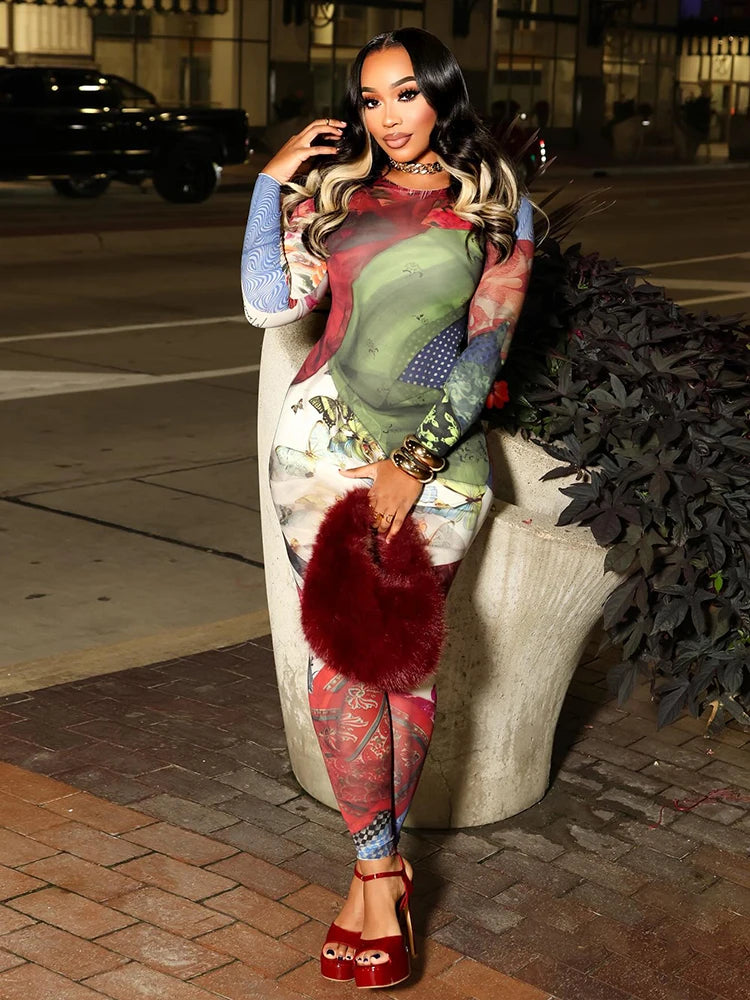 Colorful Patchwork Long Sleeve Jumpsuit Outfit for Women