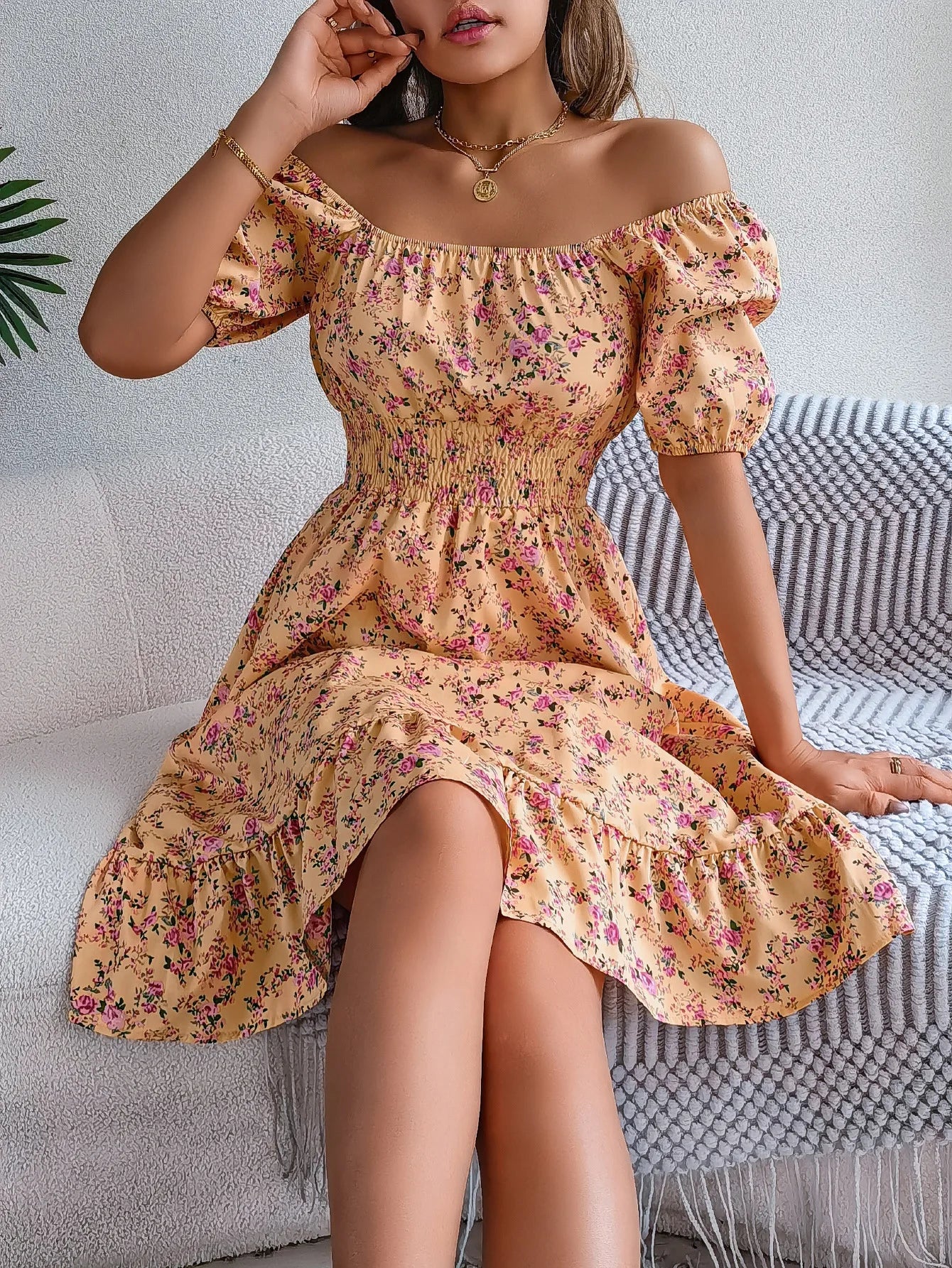 Floral Square Neck Short Sleeve High Waist Swing Dress for Women