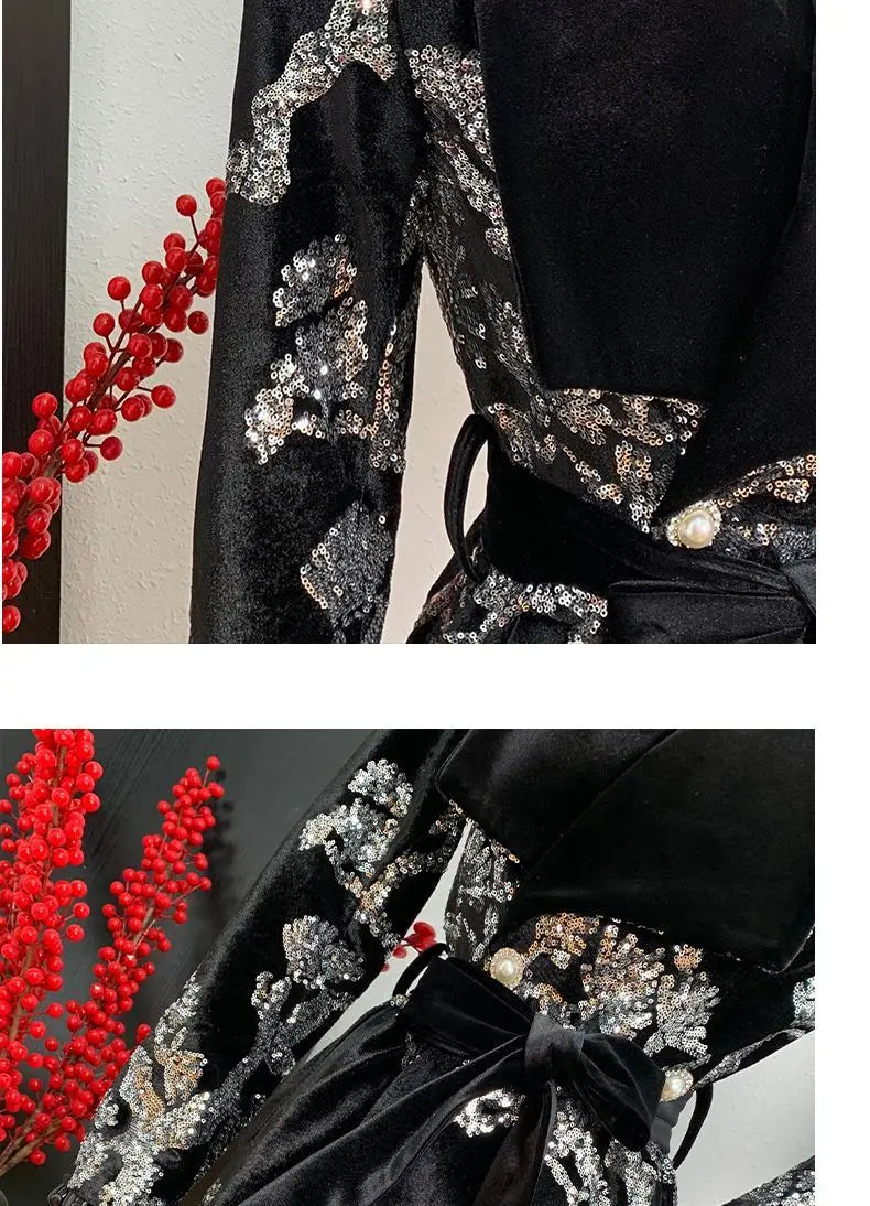 Adjustable Waist Windbreaker Coat Autumn/Winter New Sequins Trench Coat, Women's Coat, English Style Overcoat