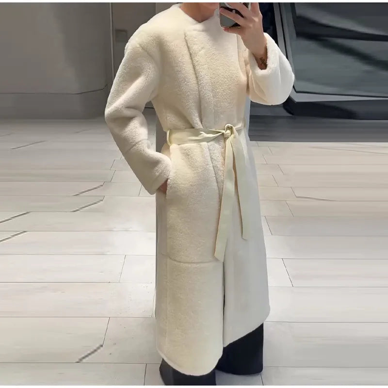 Lace Up Elegant White Faux Fur Long Coat for Women