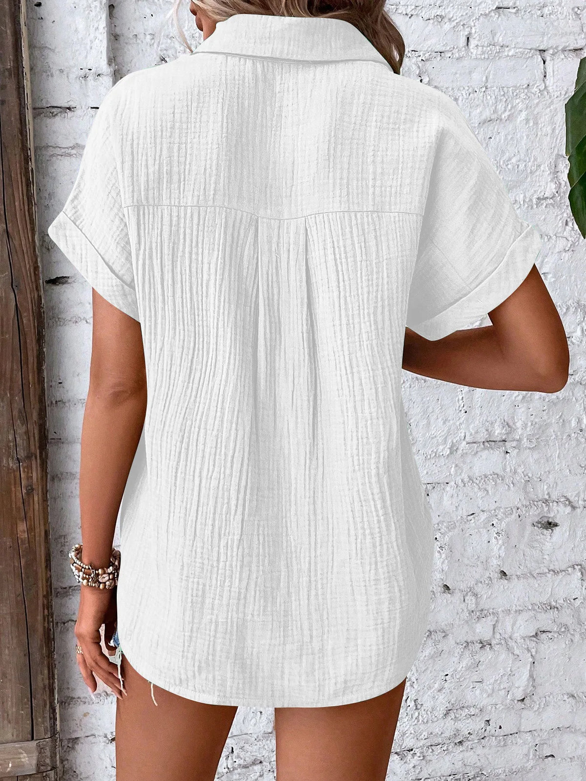 Short Sleeve Cotton Button Down Blouse With Pockets for Women