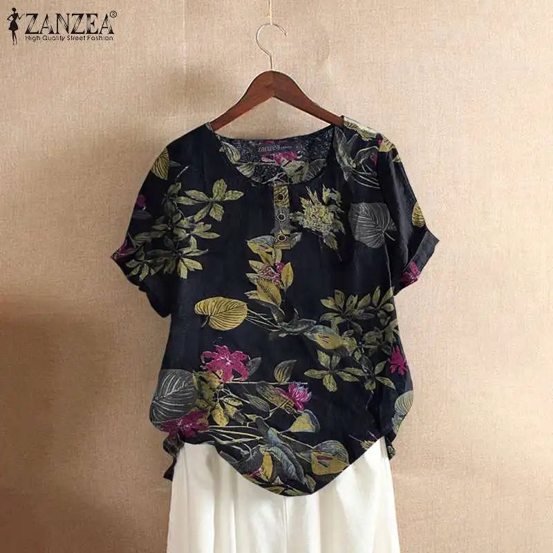 ZANZEA Women Cotton Shirt Fashion Floral Printed Tops Ladies Kaftan Chemise 2024 Summer Short Sleeve Blouses Causal O-neck Tunic
