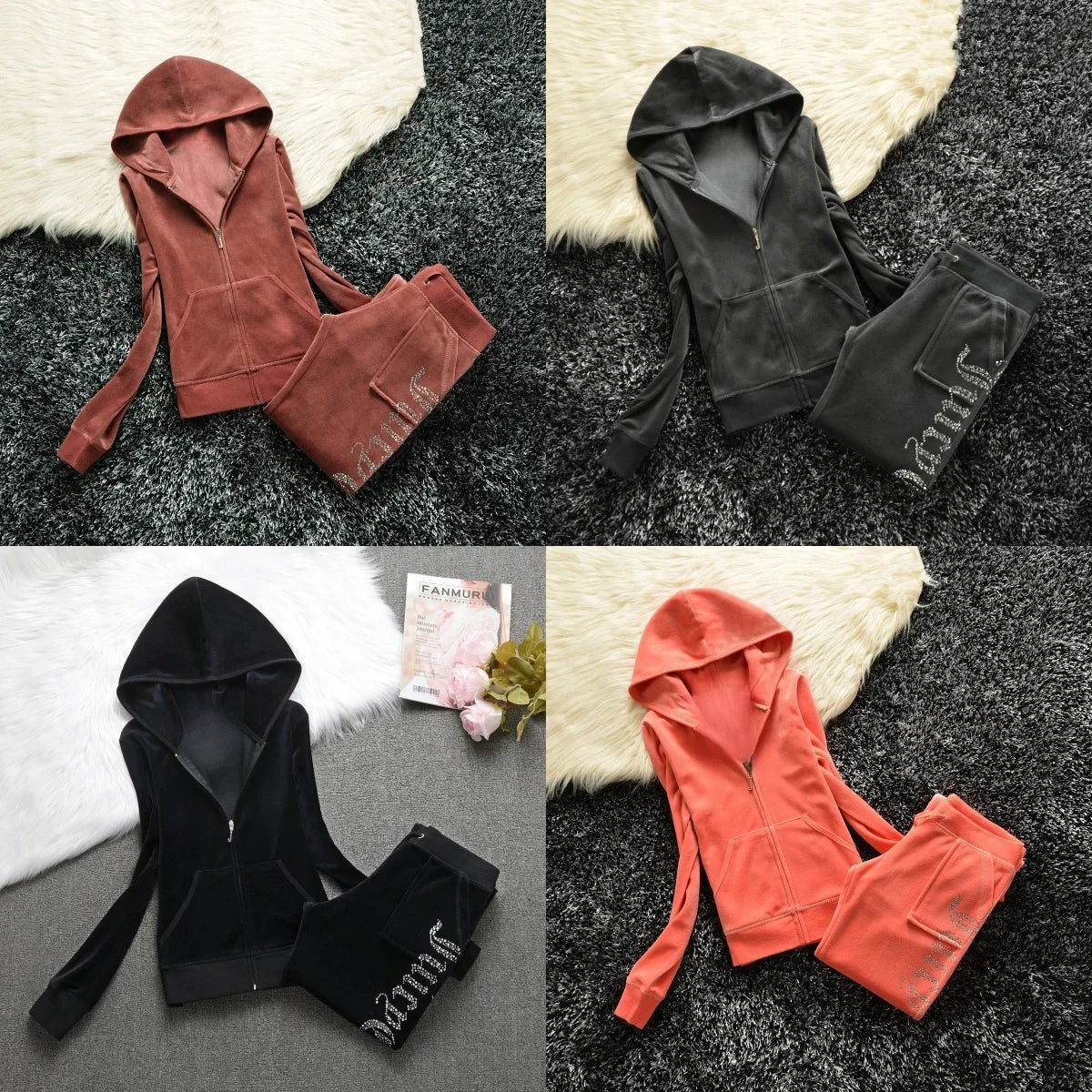Y2K Velvet Rhinestone Two Piece Tracksuit Set for Women