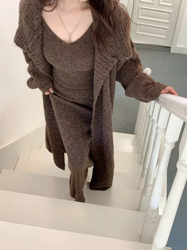 Knitted Cardigan And Ankle Length Skirt Set for Women