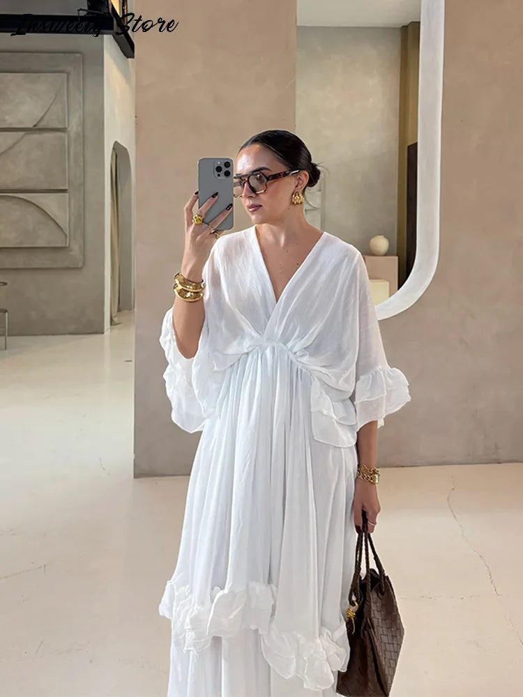 Ruffled V Neck Pleated Ankle Length Dress for Women